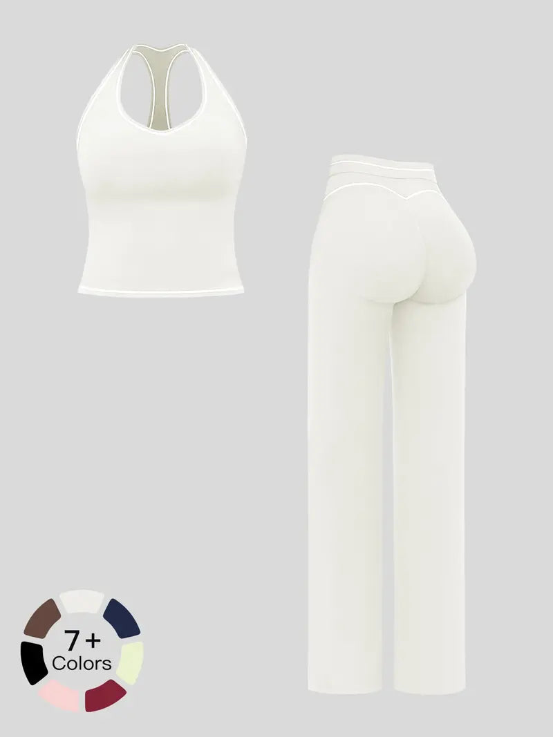 Ensemble de yoga pour femme avec doubles bretelles, tenue de sport de luxe pour la course et l'exercice, tissu polaire colorblock.