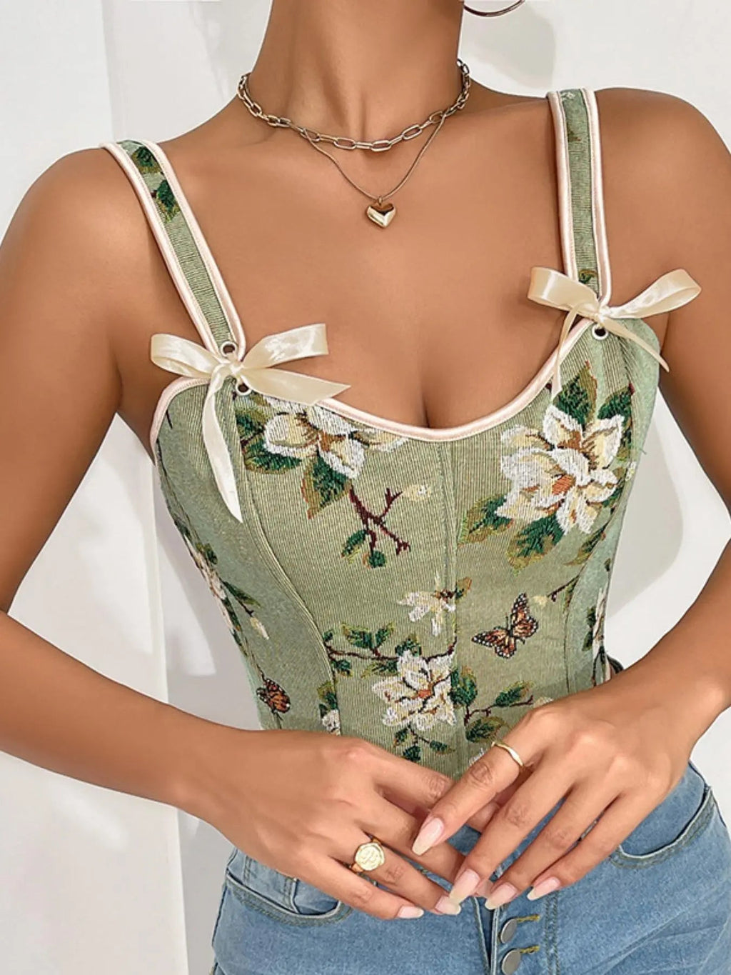 Canotta modellante da donna con stampa floreale, struttura a corsetto allacciato regolabile, canotta modellante alla moda con fiocco decorativo per uso quotidiano, modellatore contenitivo per donna