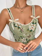 Canotta modellante da donna con stampa floreale, struttura a corsetto allacciato regolabile, canotta modellante alla moda con fiocco decorativo per uso quotidiano, modellatore contenitivo per donna