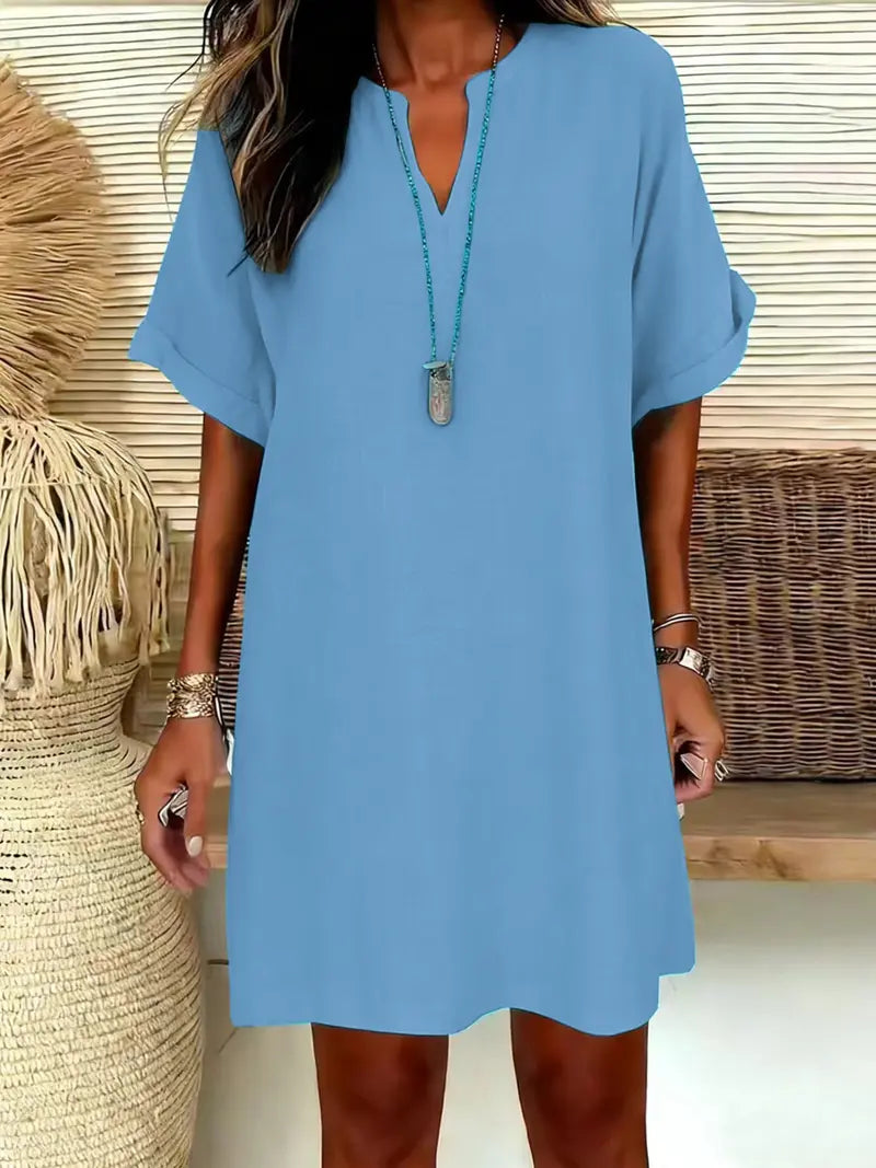 Vestito Midi da Donna a Maniche Corte con Scollo a V, Vestito Casual Chic con Spalle Scivolate e Linea ad A per l'Estate, Vestito Comodo ed Elegante