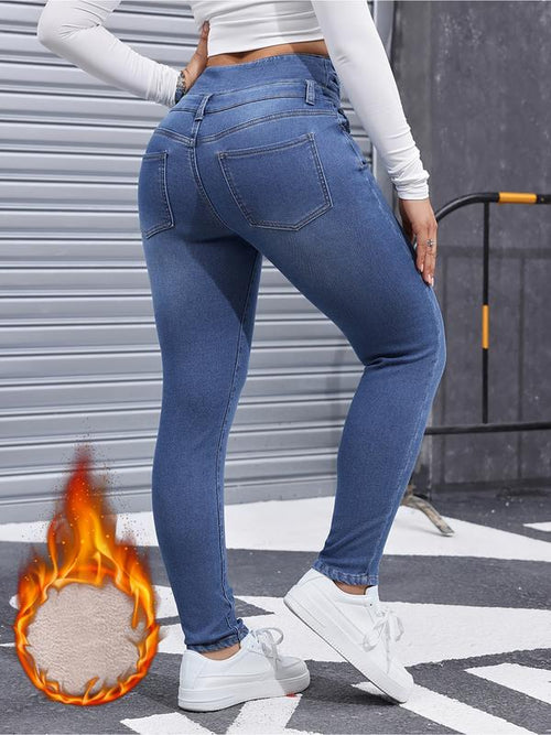 Jeans in denim spesso da donna foderati in pile ad alta elasticità, moda autunnale e invernale, jeans comodi e snellenti, stile elegante