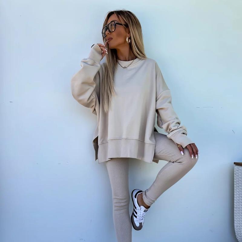 Ensemble deux pièces oversize pour femme - Sweat-shirt à ourlet fendu et pantalon skinny, pull décontracté à col rond et manches longues, vêtements pour femme pour l'automne et costumes d'hiver basiques, Gamis pour femme