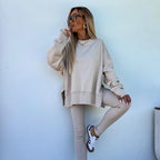 Ensemble deux pièces oversize pour femme - Sweat-shirt à ourlet fendu et pantalon skinny, pull décontracté à col rond et manches longues, vêtements pour femme pour l'automne et costumes d'hiver basiques, Gamis pour femme