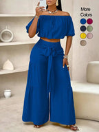Ensemble pantalon femme couleur unie à jambes larges, haut décontracté à épaules dénudées et pantalon palazzo pour l'été, tenue de vacances à la plage pour femme.