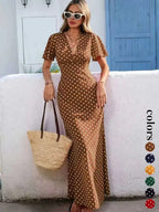 Abito lungo da donna bohémien con scollo a V e maniche corte, stile casual a pois per le vacanze, nuova moda europea e americana