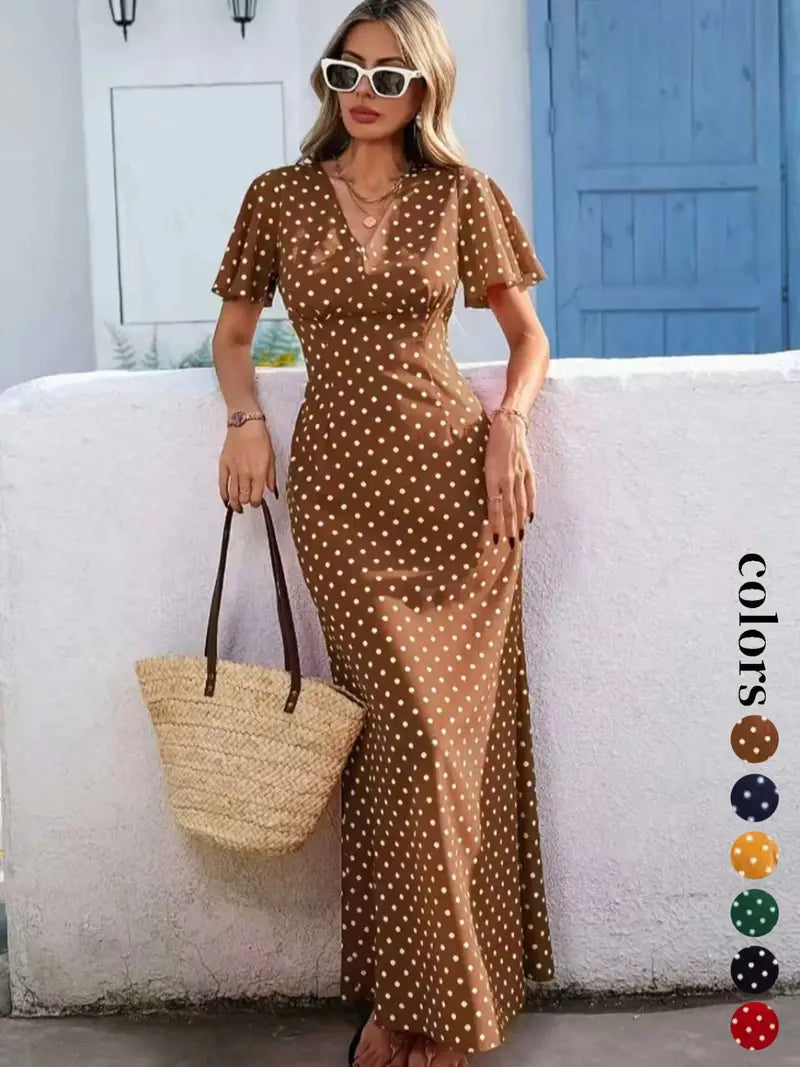 Abito lungo da donna bohémien con scollo a V e maniche corte, stile casual a pois per le vacanze, nuova moda europea e americana