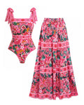 Costume intero e gonna con stampa floreale rosa Paradise