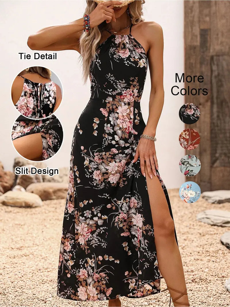 Robe longue ajustée d'été sans manches de style bohème avec dos noué, imprimé floral fendu et motif tour de cou, série élégante imprimée