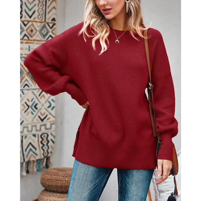 Pull Tunique Oversize Femme, Ample, Manches Longues, Tricot Côtelé, Fentes Latérales