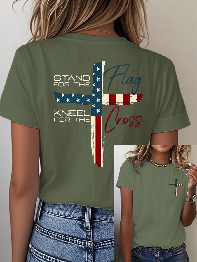 T-shirt casual da donna con stampa "Stand For The Flag Kneel For The Cross"