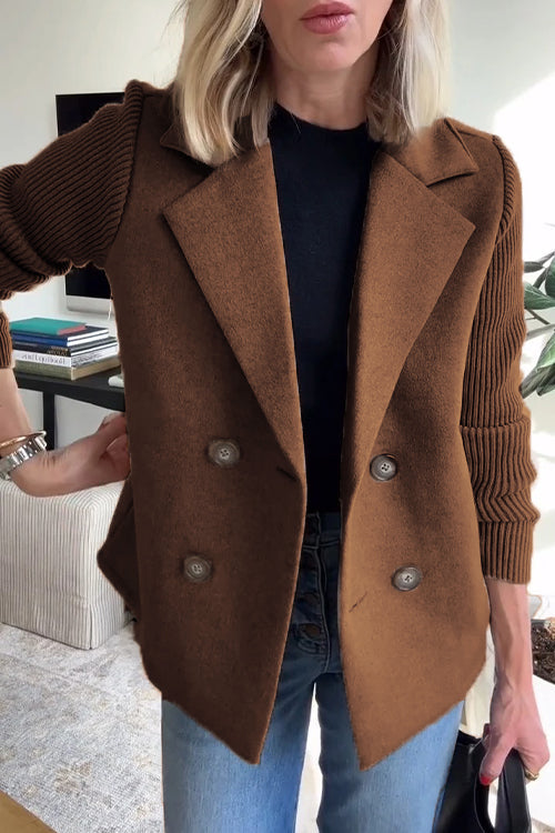 Manteau décontracté pour femme en tricot à patchwork et manches à revers boutonnés