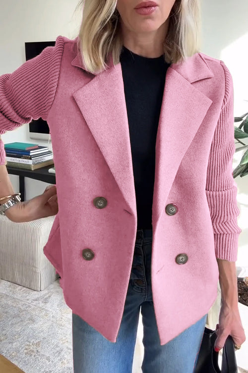 Manteau décontracté pour femme en tricot à patchwork et manches à revers boutonnés