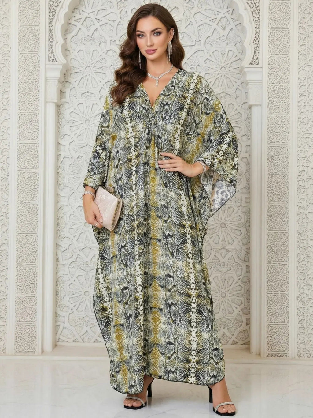 Robe Kaftan fendue à manches chauve-souris et imprimé léopard pour femme, style décontracté et modeste, col en V, manches 3/4, longue robe pour l'automne et l'hiver, vêtements islamiques pour femme pour usage quotidien