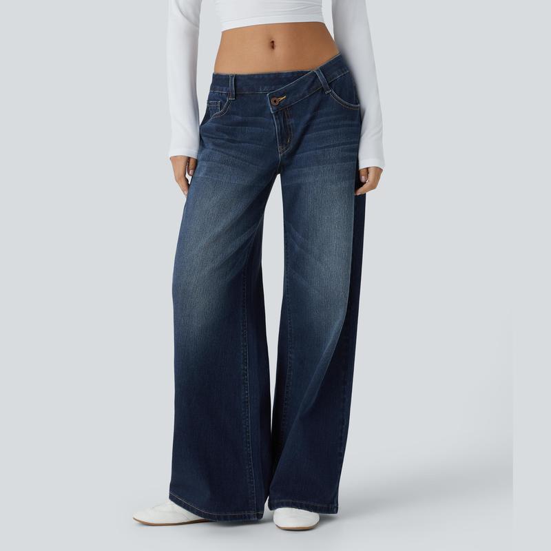 Jeans casual asimmetrici a vita bassa con tasche con cerniera, taglio ampio e slavato
