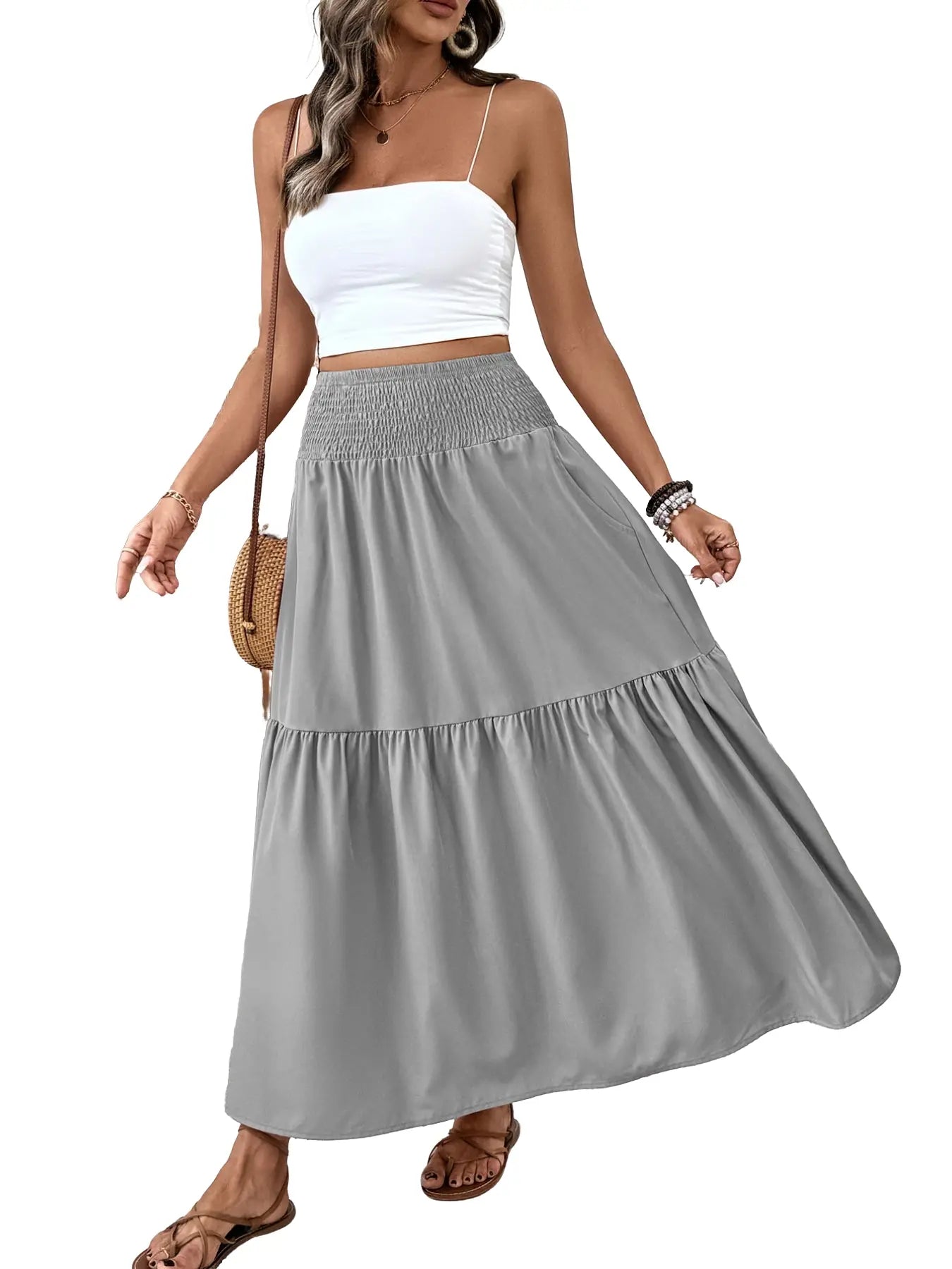 Gonna casual floreale da donna a trapezio, vita elastica con tasche, orlo a foglia, gonna lunga aderente, abito a media lunghezza alla moda