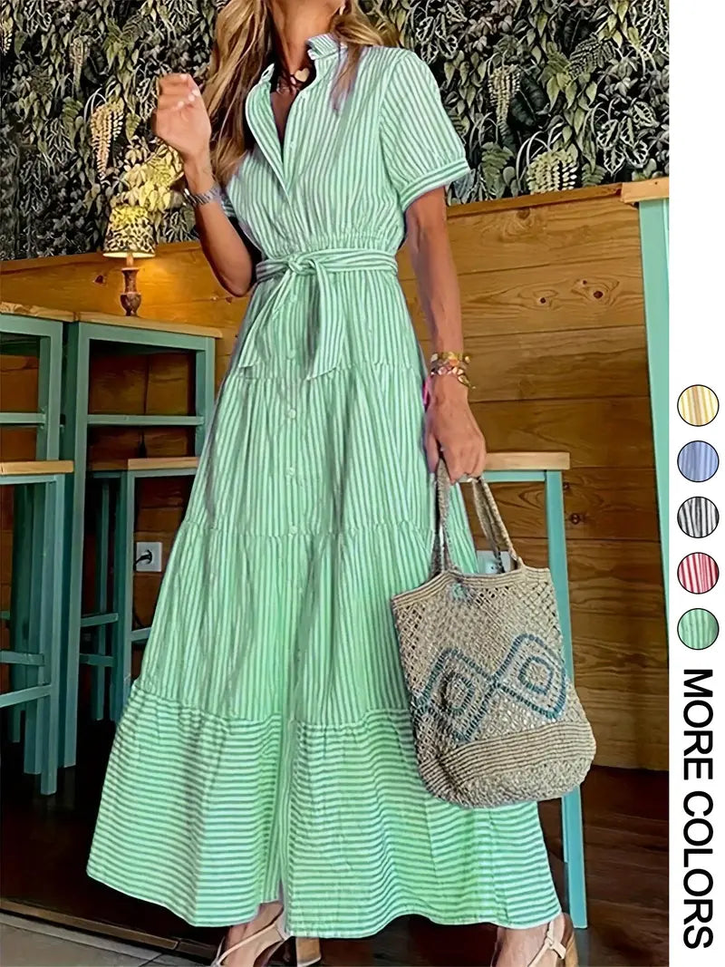 Abito da donna a righe con cintura, abito lungo elegante e casual per l'estate, abbigliamento da donna per l'uso quotidiano
