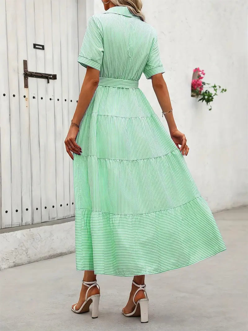 Abito da donna a righe con cintura, abito lungo elegante e casual per l'estate, abbigliamento da donna per l'uso quotidiano