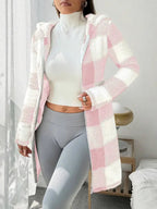 Sweat à capuche zippé en plaid et bordure duveteuse pour femme, décontracté automne/hiver