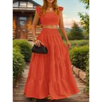 Ensemble deux pièces jupe longue et haut froncé couleur unie / imprimé floral pour femme, tenue décontractée bohème haut et jupe pour les vacances quotidiennes, pour femmes, pour l'été