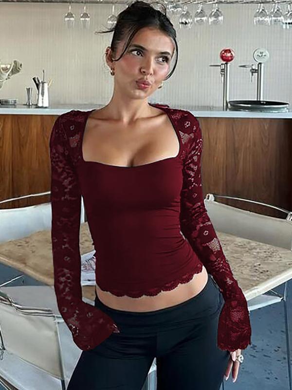 Maglietta da donna a maniche lunghe in pizzo floreale a tinta unita con volant, maglietta a maniche lunghe trasparente con motivo floreale sexy slim-fit per feste in discoteca, abbigliamento estivo da donna, top