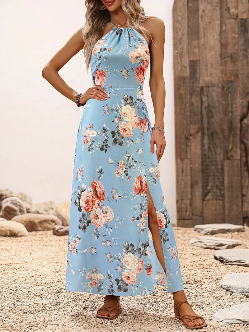 Robe longue ajustée d'été sans manches de style bohème avec dos noué, imprimé floral fendu et motif tour de cou, série élégante imprimée