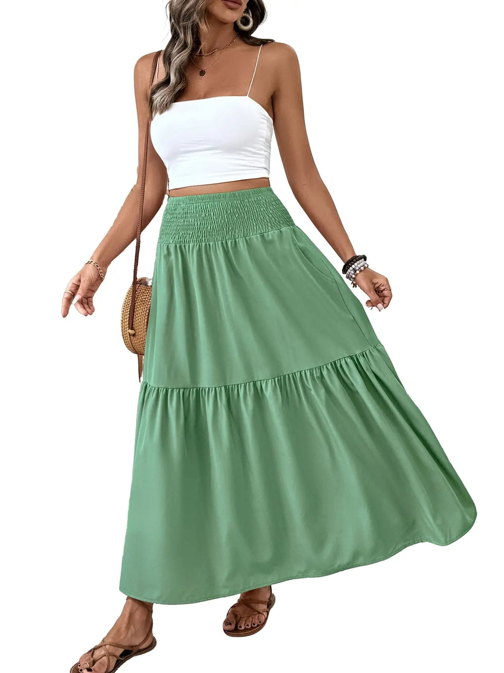 Gonna casual floreale da donna a trapezio, vita elastica con tasche, orlo a foglia, gonna lunga aderente, abito a media lunghezza alla moda