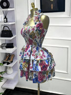 Women's Floral Print Backless Strapless Layered Ruffle Mini Dress