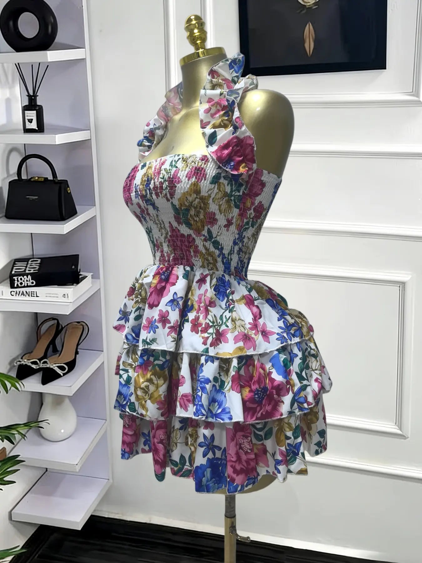 Women's Floral Print Backless Strapless Layered Ruffle Mini Dress