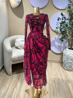 Elegant Women's Striped Pleated Long Sleeve Bodycon Maxi Prom Dress