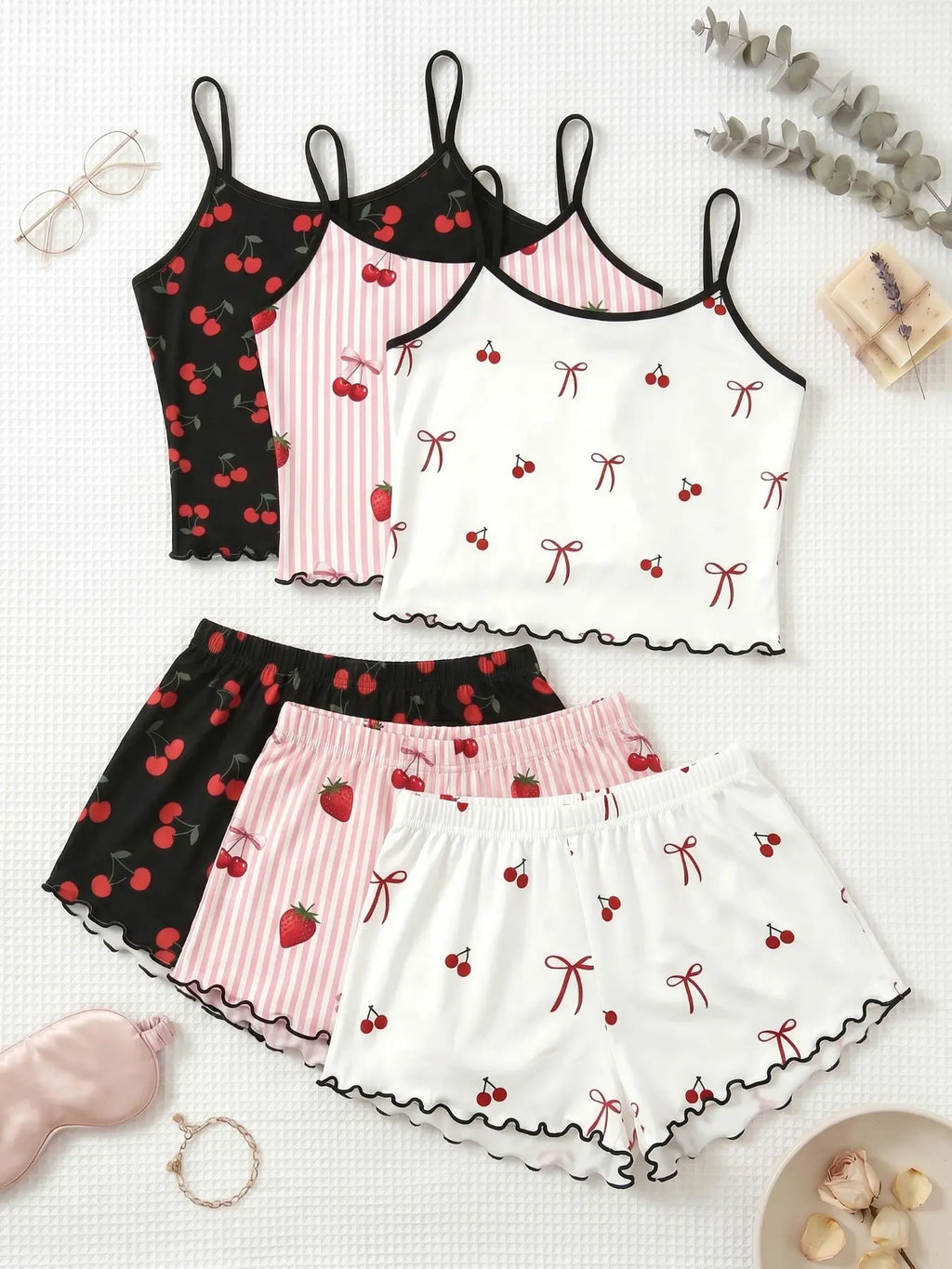 3-Piece Combo,Cherry Print Halter Short Pajamas Set