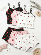 3-Piece Combo,Cherry Print Halter Short Pajamas Set
