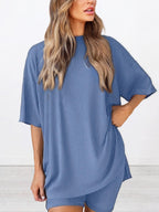 Ensemble T-shirt uni et short moulant pour femme, vêtement de nuit décontracté d'été à col rond, confortable, avec poches, pour l'extérieur