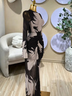 Elegant Women's All Over Print Long Sleeve Ruched Long Prom Dress