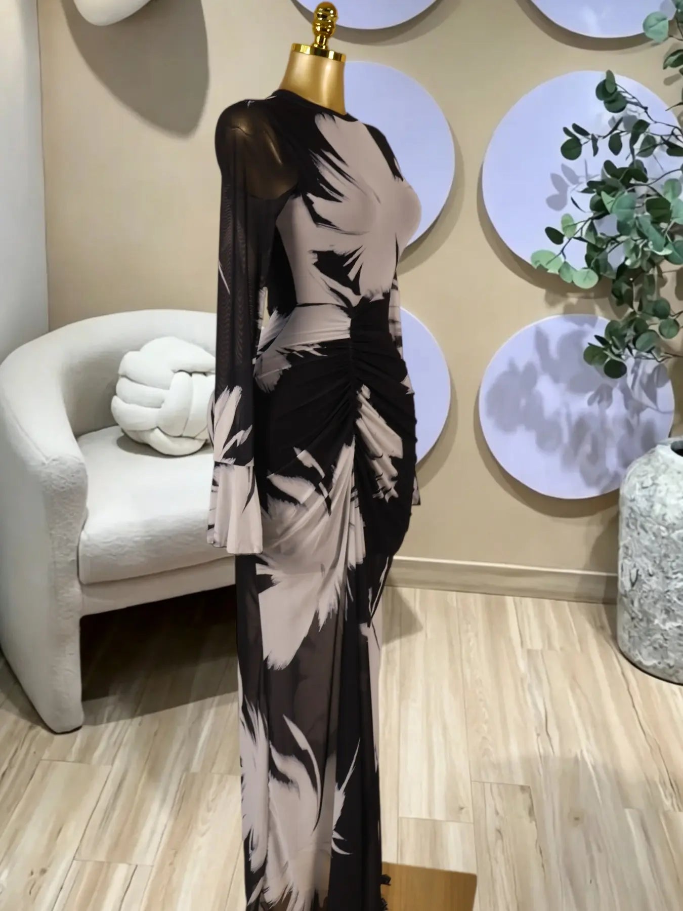 Elegant Women's All Over Print Long Sleeve Ruched Long Prom Dress
