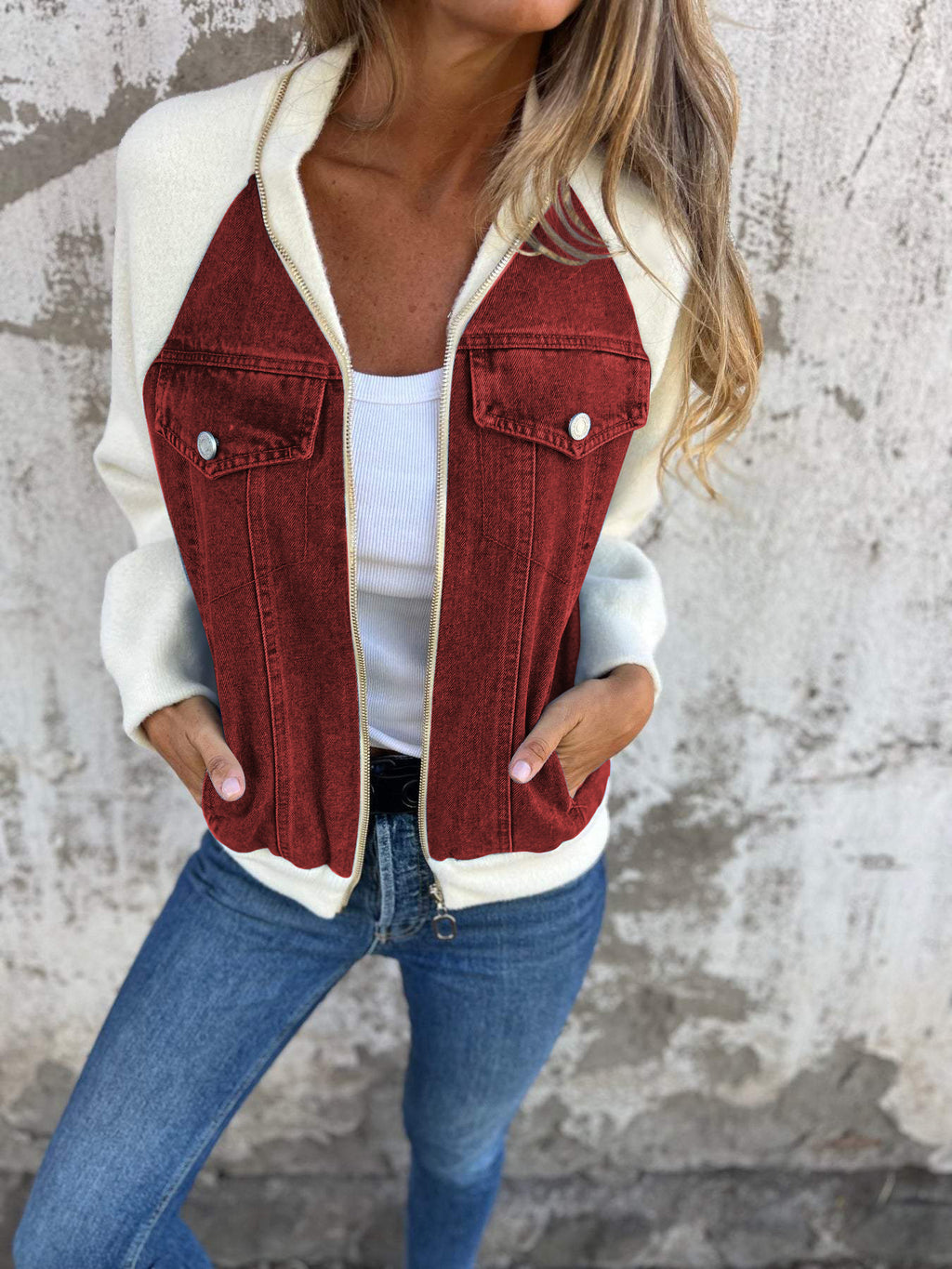 Veste zippée décontractée à col en V