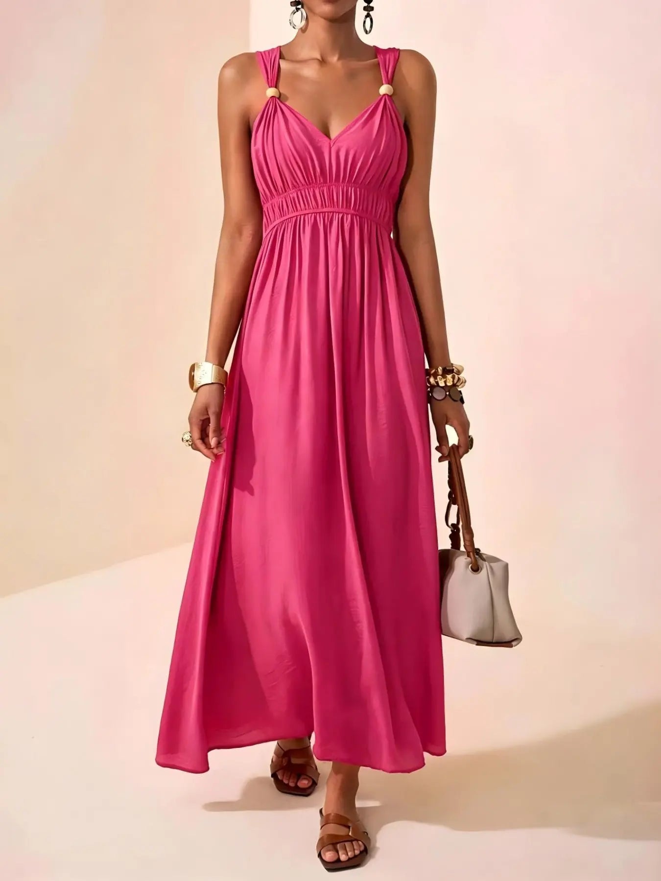 Long Sleeveless Thin Strap Deep V Neck Elegant A-Line Dress