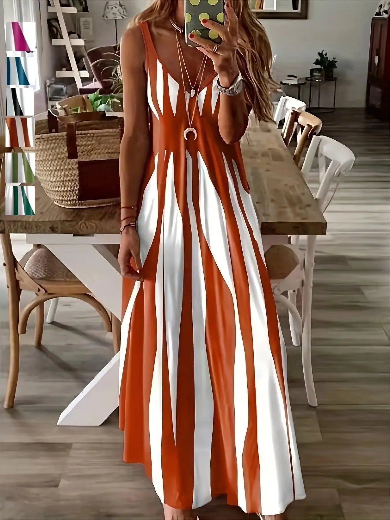 Women's Casual Sleeveless Striped V-Neck Long Dress
