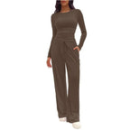 Completo da Casa da Donna Tinta Unita con Arricciature e Coulisse, Top Casual a Maniche Lunghe con Scollo Rotondo e Pantaloni a Gamba Larga con Tasche, Pigiama da Donna per Tutte le Stagioni