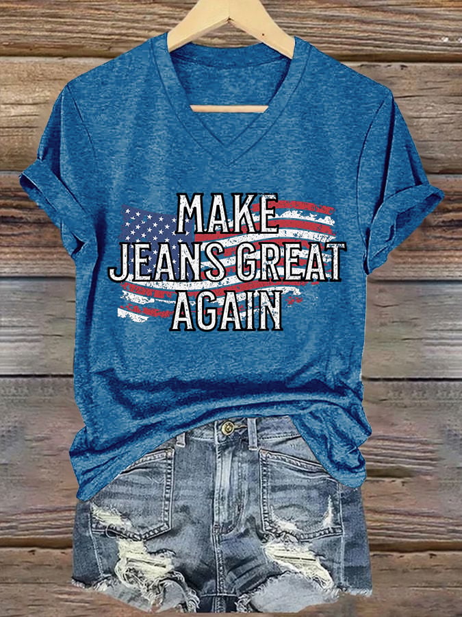 🔥Compra 3 e ricevi il 15% di sconto🔥T-shirt con scollo a V e stampa retrò "Make Jeans Great Again"
