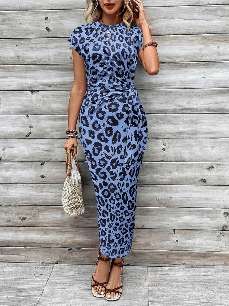 Vestito da donna a tinta unita / a righe / stampato con nodo e maniche a pipistrello, vestito lungo casual a maniche corte con scollo rotondo, abbigliamento da donna per le vacanze al mare