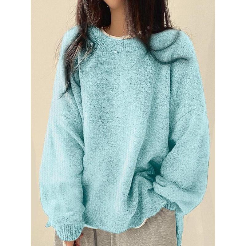 Pull femme à épaules tombantes et ourlet fendu, Pull décontracté à manches longues et col rond, Haut tricoté pour femme pour l'automne et l'hiver, Pulls pour femme