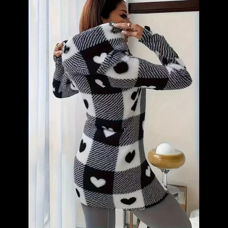 Sweat à capuche zippé en plaid et bordure duveteuse pour femme, décontracté automne/hiver