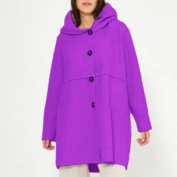 Cappotto con cappuccio e bottoni da donna per l'autunno/inverno, elegante e versatile, adatto a varie occasioni.