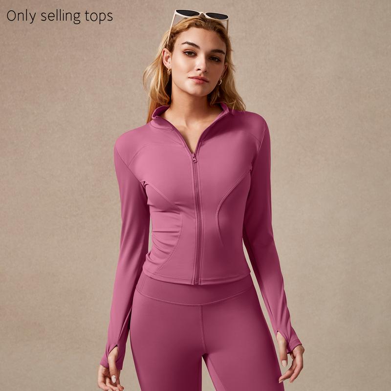 Giacca sportiva da donna con zip intera, maniche lunghe, vestibilità aderente, tessuto elasticizzato ad asciugatura rapida con fori per i pollici per corsa, yoga, palestra, allenamento, abbigliamento sportivo