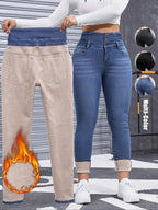 Jean en denim épais doublé polaire pour femme, haute élasticité, mode automne-hiver, jean amincissant confortable, style élégant
