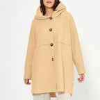 Cappotto con cappuccio e bottoni da donna per l'autunno/inverno, elegante e versatile, adatto a varie occasioni.