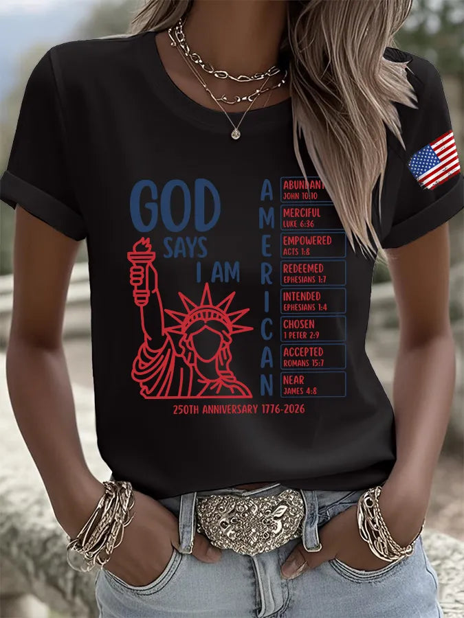 T-Shirt Stampa Retro God Says I Am American 250th Anniversary