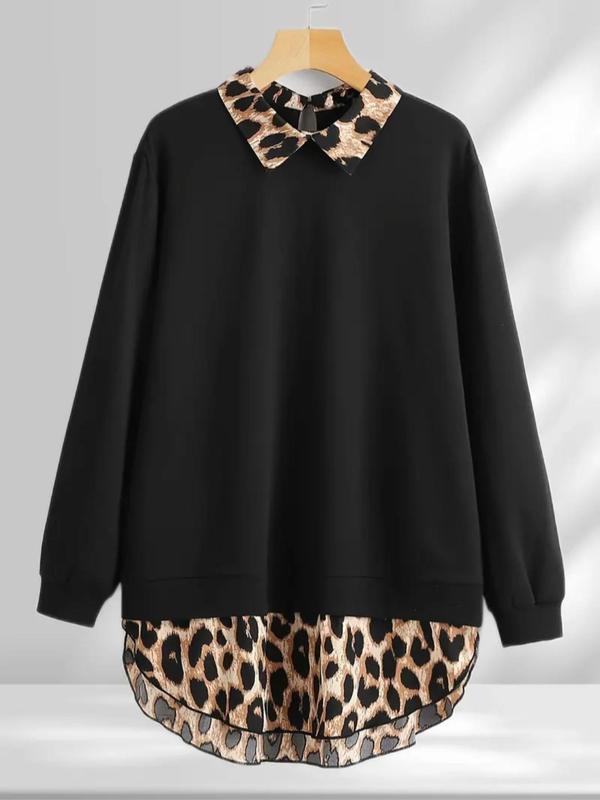 [Grande Taille] Sweat-shirt léopard à ourlet incurvé, sweat-shirt décontracté à manches longues pour l'automne et l'hiver, vêtements pour femmes pour un usage quotidien