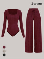 Ensemble salopette en molleton côtelé de couleur unie coupe slim pour femme, pantalon large, tissu confortable et tendance pour le quotidien