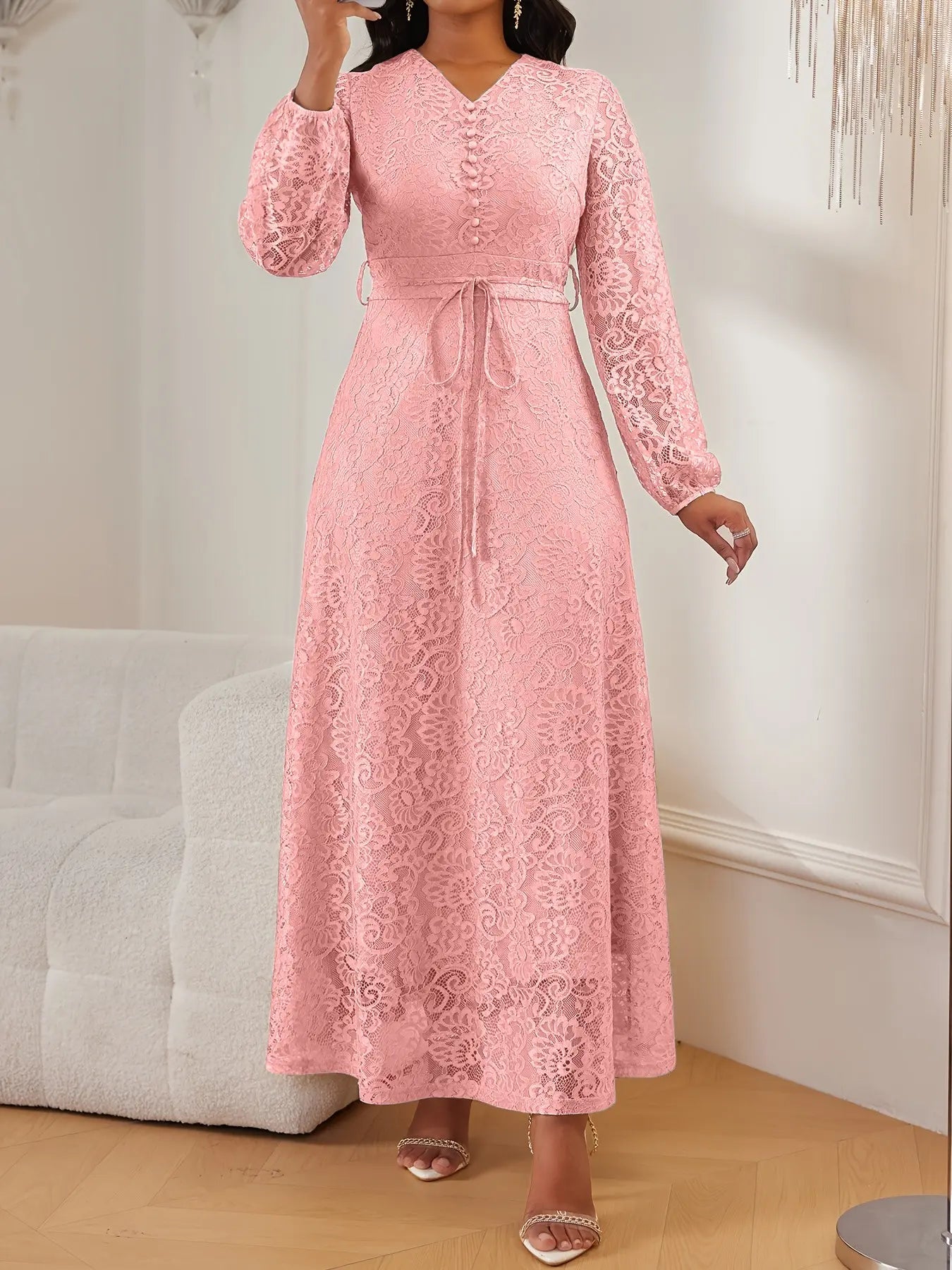 Vestito da donna in pizzo con scollo a V e maniche lunghe, elegante e chic con cintura in vita, vestibilità slim, tinta unita, per matrimoni, serate ed eventi formali, primavera e autunno